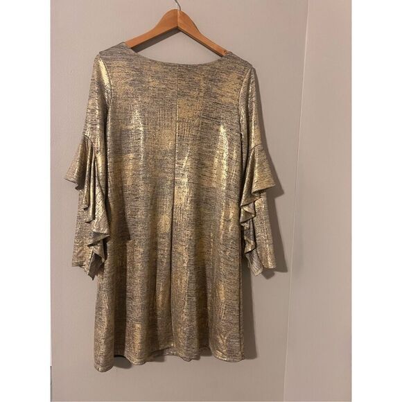 Gibson Latimer S Ruffle Statement Sleeve Cocktail Mini Dress Gold Metallic Party - Picture 3 of 10